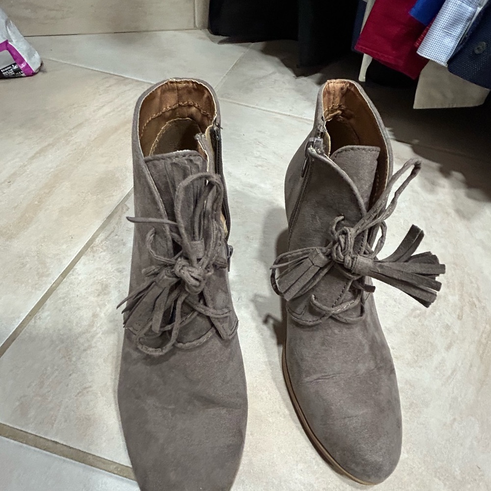 Gray Suede Ankle Boots with Tassels